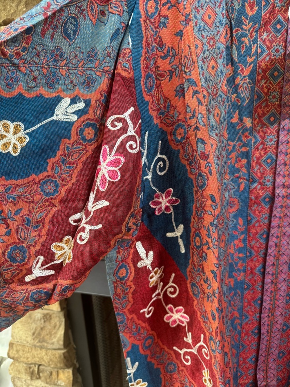 Raj Rust Red Teal Blue Embroidered Floral Kimono oversized relaxed lightweight - Picture 6 of 8
